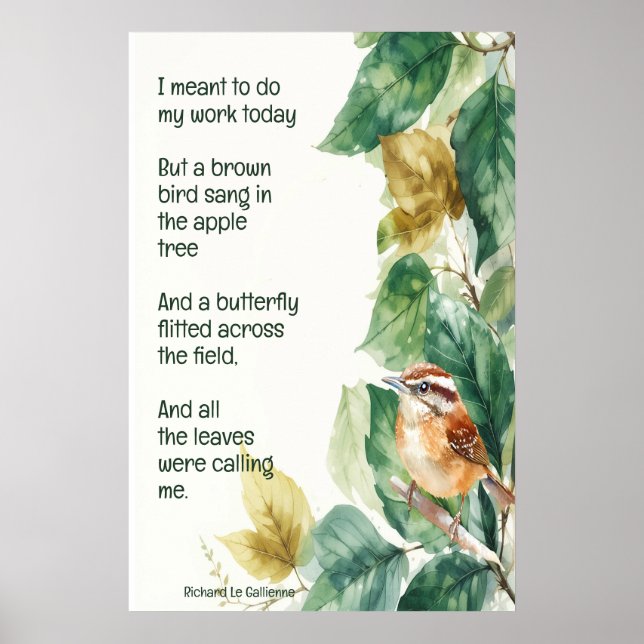 Ode to Spring Poem with Brown Bird Wren Poster (Front)