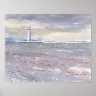Odesa Lighthouse and Grey Black Sea Watercolor Poster