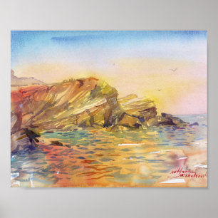 Odesa Shellstone Shore in Golden Light Watercolor Poster