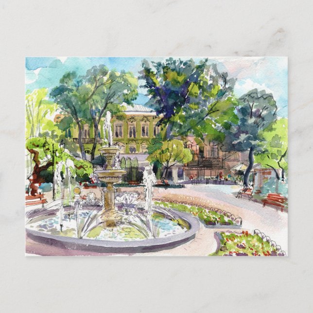 Odessa city garden. Watercolor urban sketch art Postcard (Front)