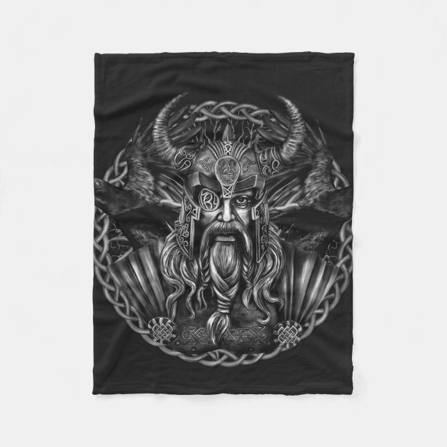 Odin and his ravens Huginn and Muninn Fleece Blanket (Front)