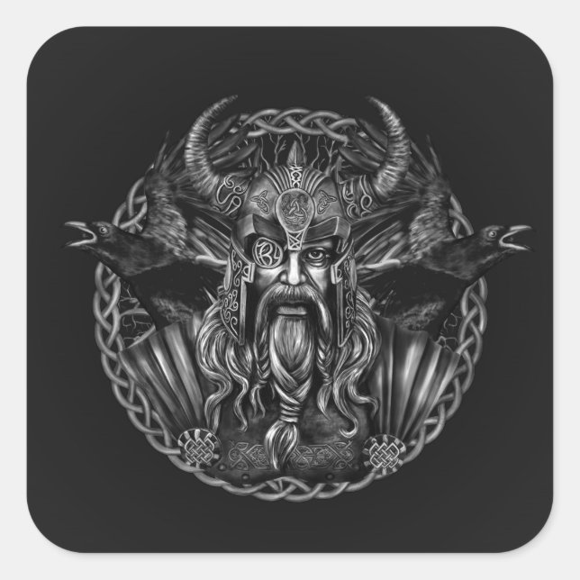 Odin and his ravens Huginn and Muninn Square Sticker (Front)
