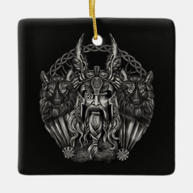 Odin and his wolves Geri and Freki Ceramic Ornament (Front)