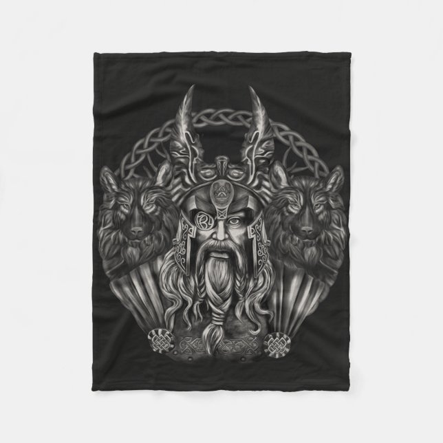 Odin and his wolves Geri and Freki Fleece Blanket (Front)