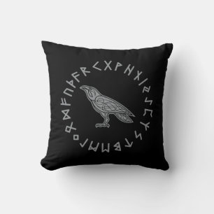 Odin Raven Crow Viking Mythology runes runic Cushion