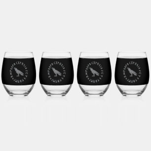 Odin Raven Crow Viking Mythology runes runic Stemless Wine Glass