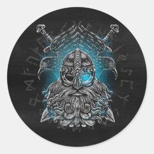 Odin Ravens and Swords Blue Luminous Eye Norse god Classic Round Sticker