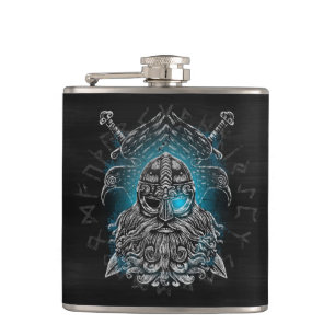 Odin Ravens and Swords Blue Luminous Eye Norse god Hip Flask