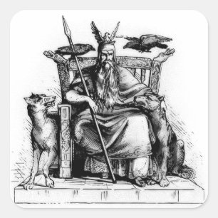 Odin ravens on his stone throne viking mythology square sticker