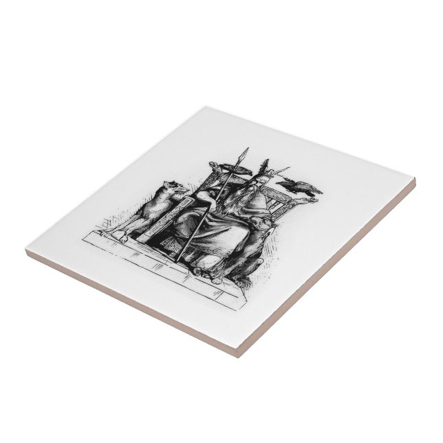 Odin Ravens on Stone Throne Viking Mythology Stone Ceramic Tile (Side)