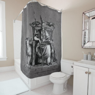 Odin Ravens on Stone Throne Viking Mythology Stone Shower Curtain
