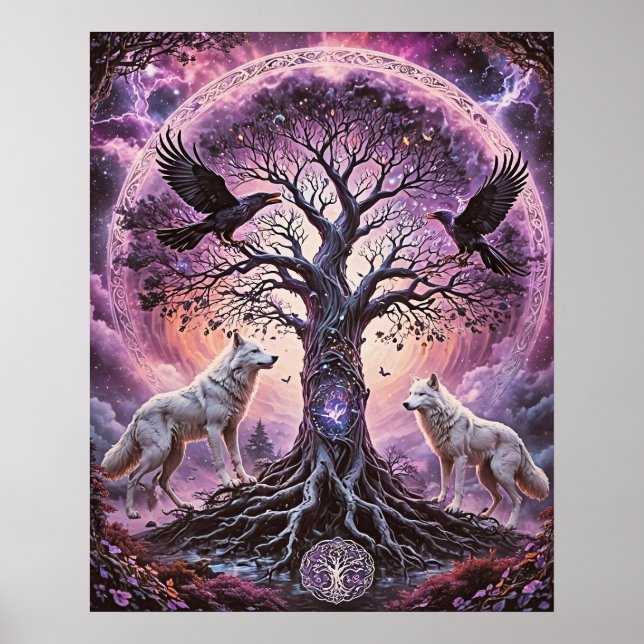 Odin's Ravens And Wolves Tree Of Life Poster (Front)