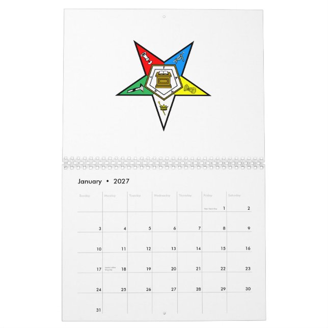 OES Order of the Eastern Star Calendar (Jan 2027)