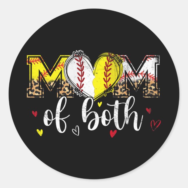 Of Both Baseball Softball Heart Leopard Mothers Da Classic Round Sticker (Front)