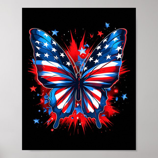 Of July Butterfly Usa Flag Cute American Women Gir Poster (Front)