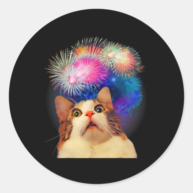 Of July Fireworks Enthraled Cat  Classic Round Sticker (Front)