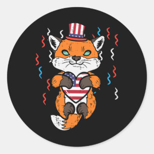 Of July Fox American Flag Heart Patriotic Kids Wom Classic Round Sticker
