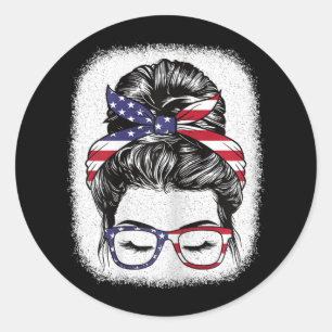 Of July Messy Bun American Flag Patriotic Women Gi Classic Round Sticker