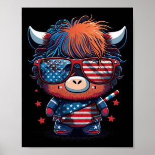 Of July Patriotic Scottish Highland Cow Us Flag Poster