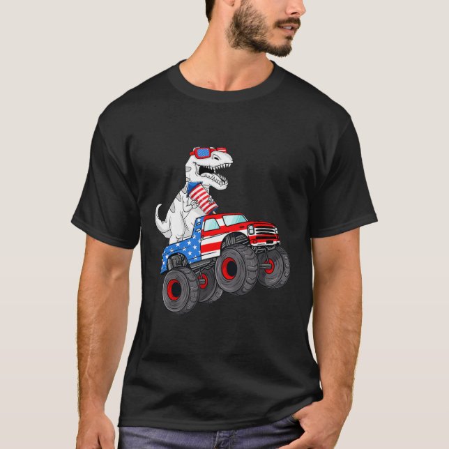 Of July T Rex Dino Trex Dinosaur Monster Truck Fir T-Shirt (Front)