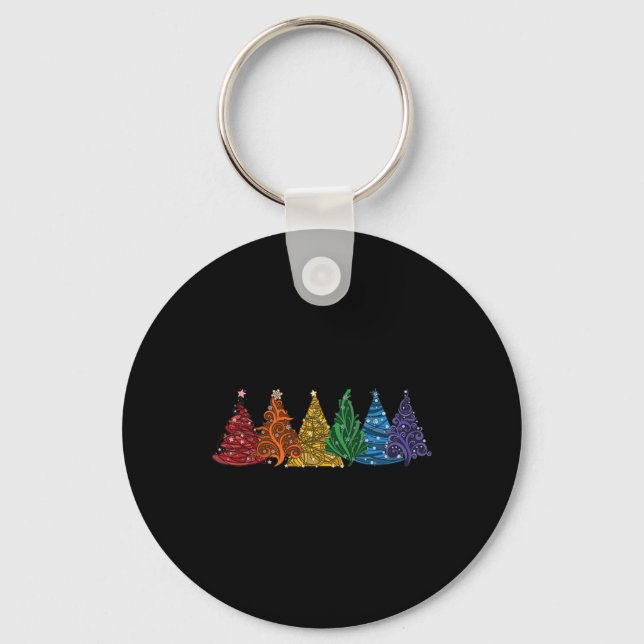 Of Six Lgbtq Pride Rainbow Christmas Trees Vector  Key Ring (Front)