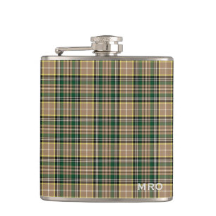O'Farrell Tartan Monogram Green and Tan Plaid Hip Flask