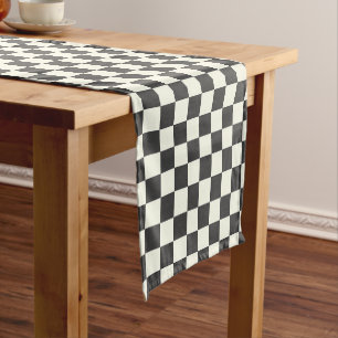 Off Black and Off White Chequerboard Short Table Runner