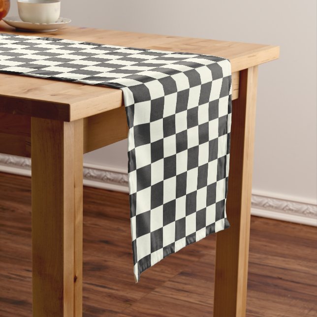 Off Black and Off White Chequerboard Short Table Runner (In Situ)