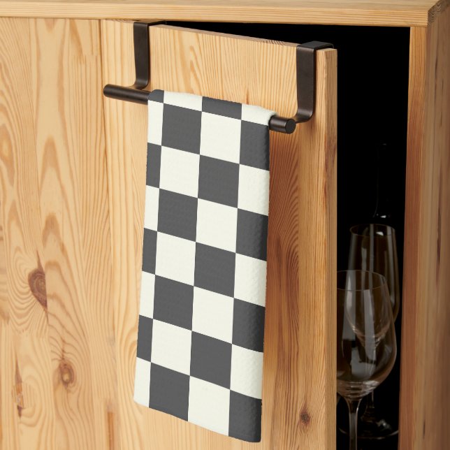 Off Black and Off White Chequerboard Tea Towel (Thirds Fold)