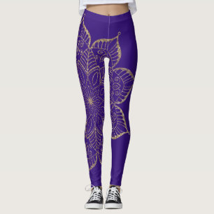 Off-Centered Gold Faux Glitter Mandala on Purple Leggings