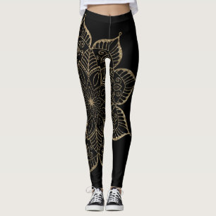 Off-Centred Gold Faux Glitter Mandala on Black Leggings