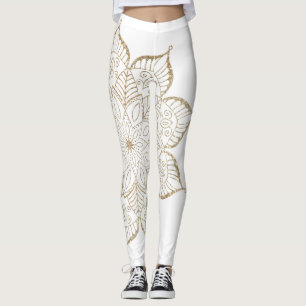 Off-Centred Gold Faux Glitter Mandala on White Leggings
