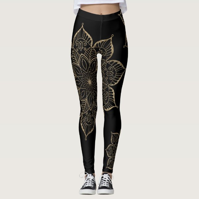 Off-Centred Gold Faux Glitter Mandalas on Black Leggings (Front)