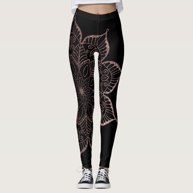 Off-Centred Rose Gold Faux Glitter Mandala, Black Leggings (Front)