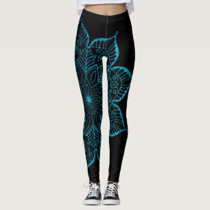 Off-Centred Teal Faux Glitter Mandala on Black Leggings