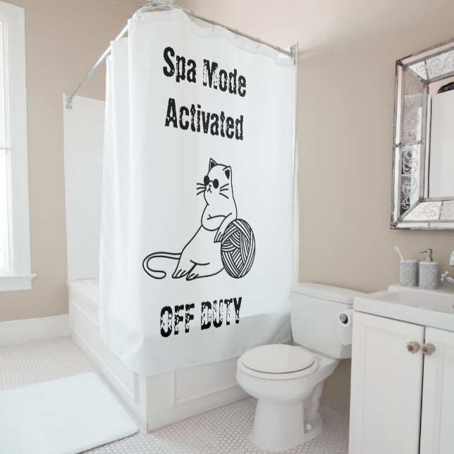 Off Duty Lazy Cat. Funny Spa Mode Activated Shower Curtain (In Situ)