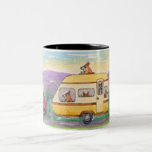 Off on their holidays - Corgi dogs in a caravan Two-Tone Coffee Mug