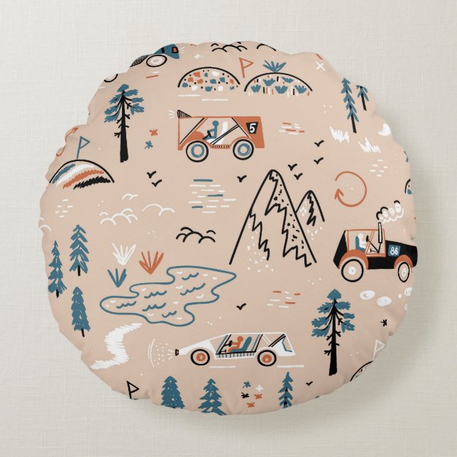 Off-road racing, vintage seamless. round cushion (Front)
