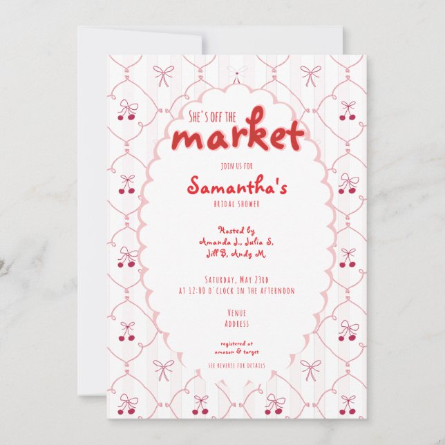 Off The Market Coquette Bow Cherry Bridal Shower Invitation (Front)