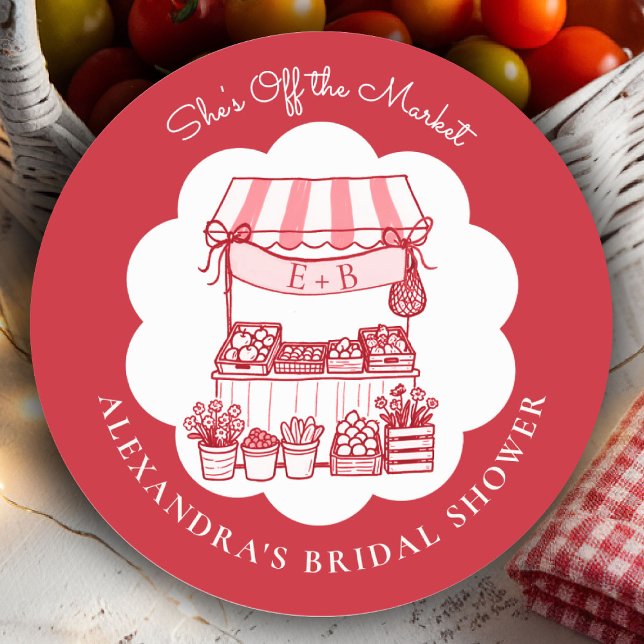 Off the Market Farmers Red Modern Bridal Shower Classic Round Sticker (shes off the market bridal shower sticker red farmer stand hand drawn rustic chic outdoors picnic)