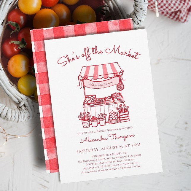 Off the Market Farmers Red Modern Bridal Shower Invitation (shes off the market bridal shower invitation red farmer stand hand drawn rustic chic outdoors picnic)