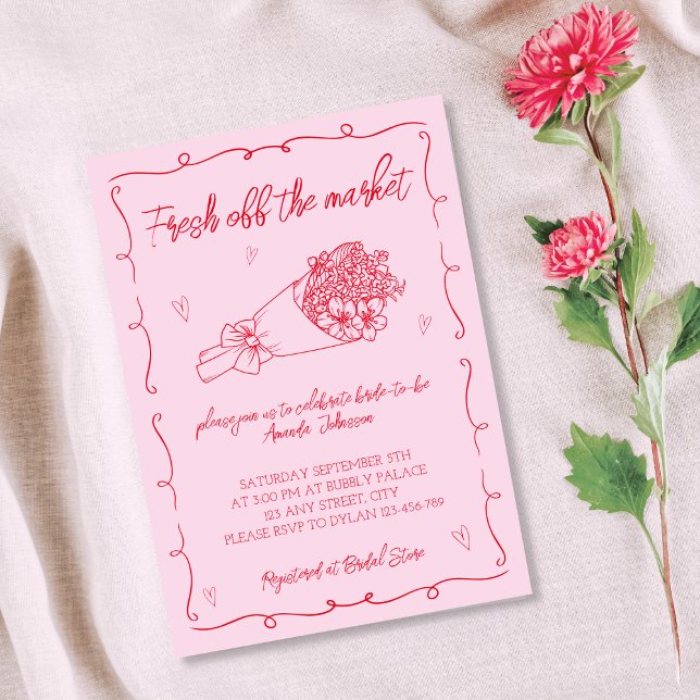 Off The Market Pink & Red Hand Drawn Bridal Shower Invitation (Off The Market Pink & Red Hand Drawn Bridal Shower Invitation)