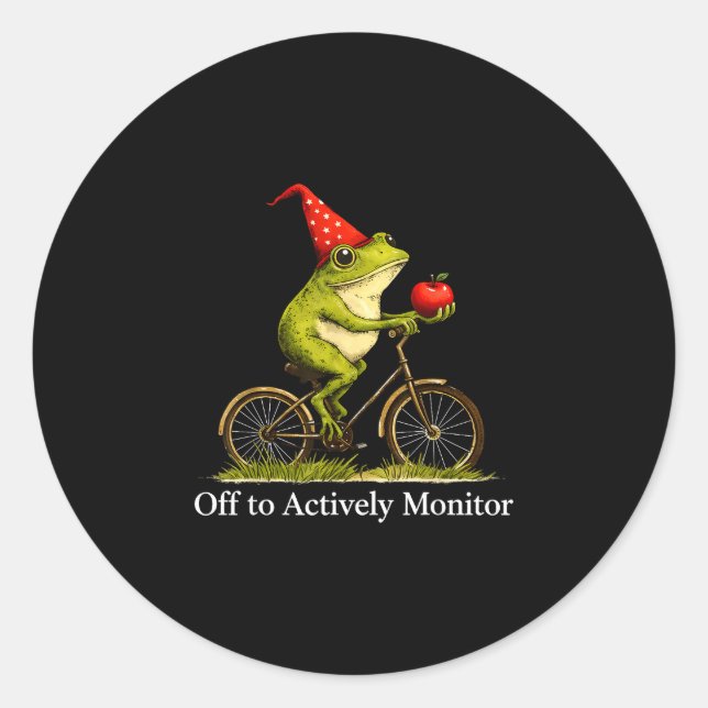 Off to actively monitor funny frog cycling teacher classic round sticker (Front)
