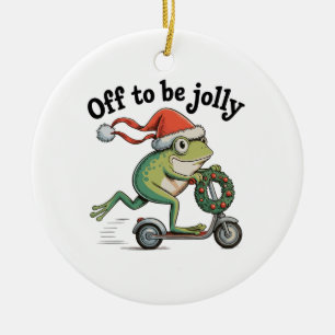Off To Be Jolly – Christmas Frog on Scooter Ceramic Ornament