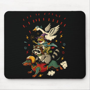 Off to cause a kerfuffle frog racoon goose riding mouse pad