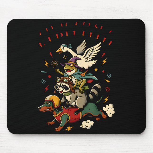 Off to cause a kerfuffle frog racoon goose riding mouse pad (Front)