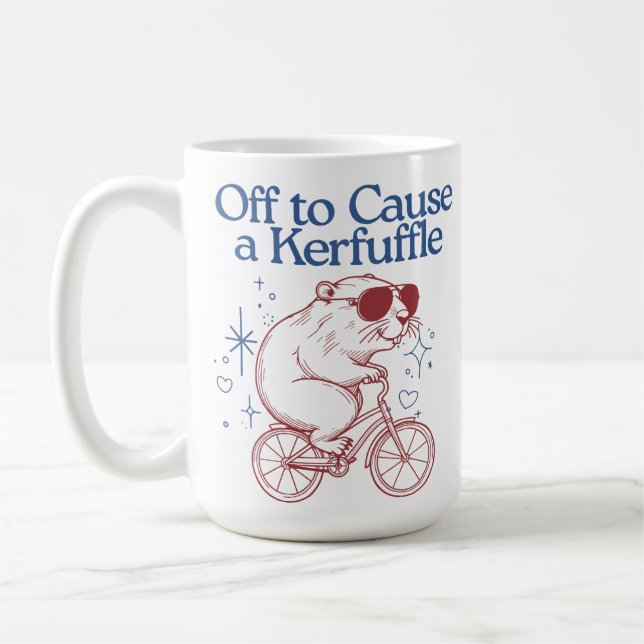Off to Cause a Kerfuffle Funny Beaver on a Bike Coffee Mug (Left)