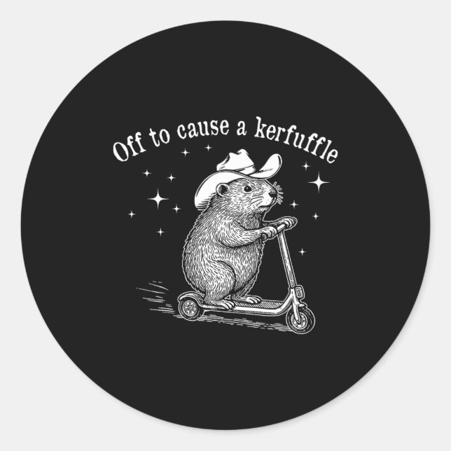 Off To Cause A Kerfuffle Funny Groundhog Scooter V Classic Round Sticker (Front)