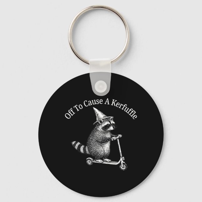 Off to Cause a kerfuffle Funny Racoon Riding Key Ring (Front)