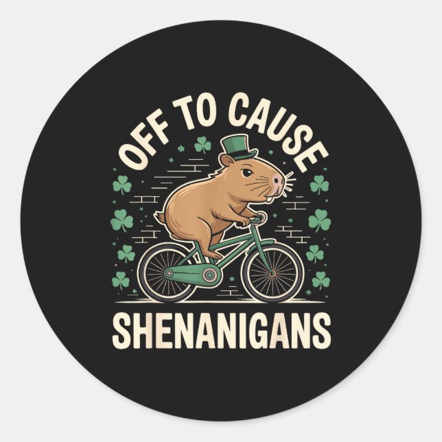 Off to cause shenanigans capybara meme st patricks classic round sticker (Front)